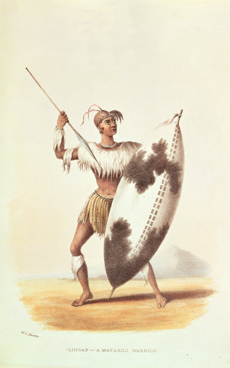 Lingap, en Matabili Warrior, illustration från "Wild Sports of South Africa" av W.C. Harris, 1841 av William Cornwallis Harris
