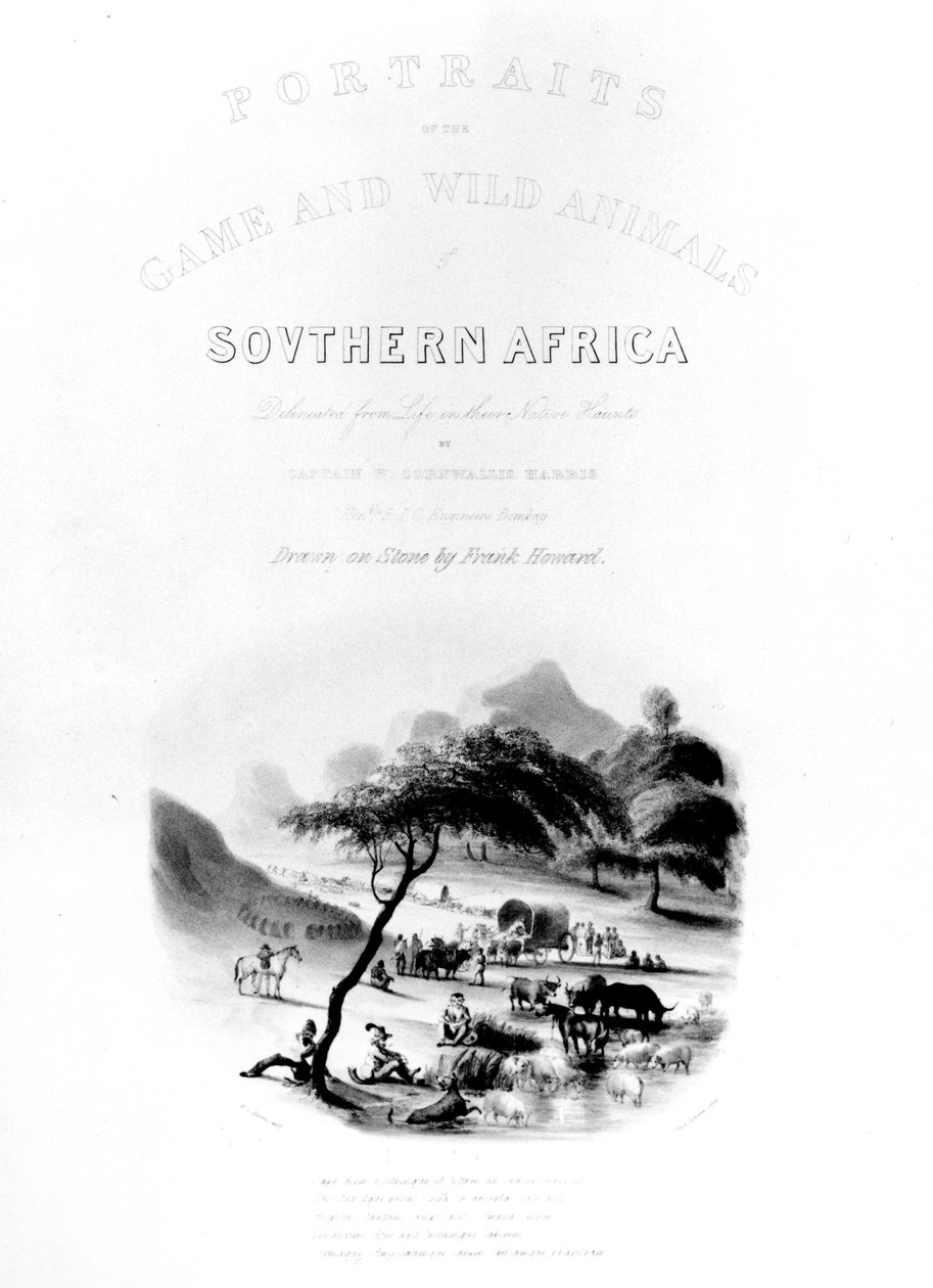 Titelsidan för "Porträtt eller viltet och vilda djur i södra Afrika" av Harris, graverad av Frank Howard, publicerad 1840 av William Cornwallis Harris