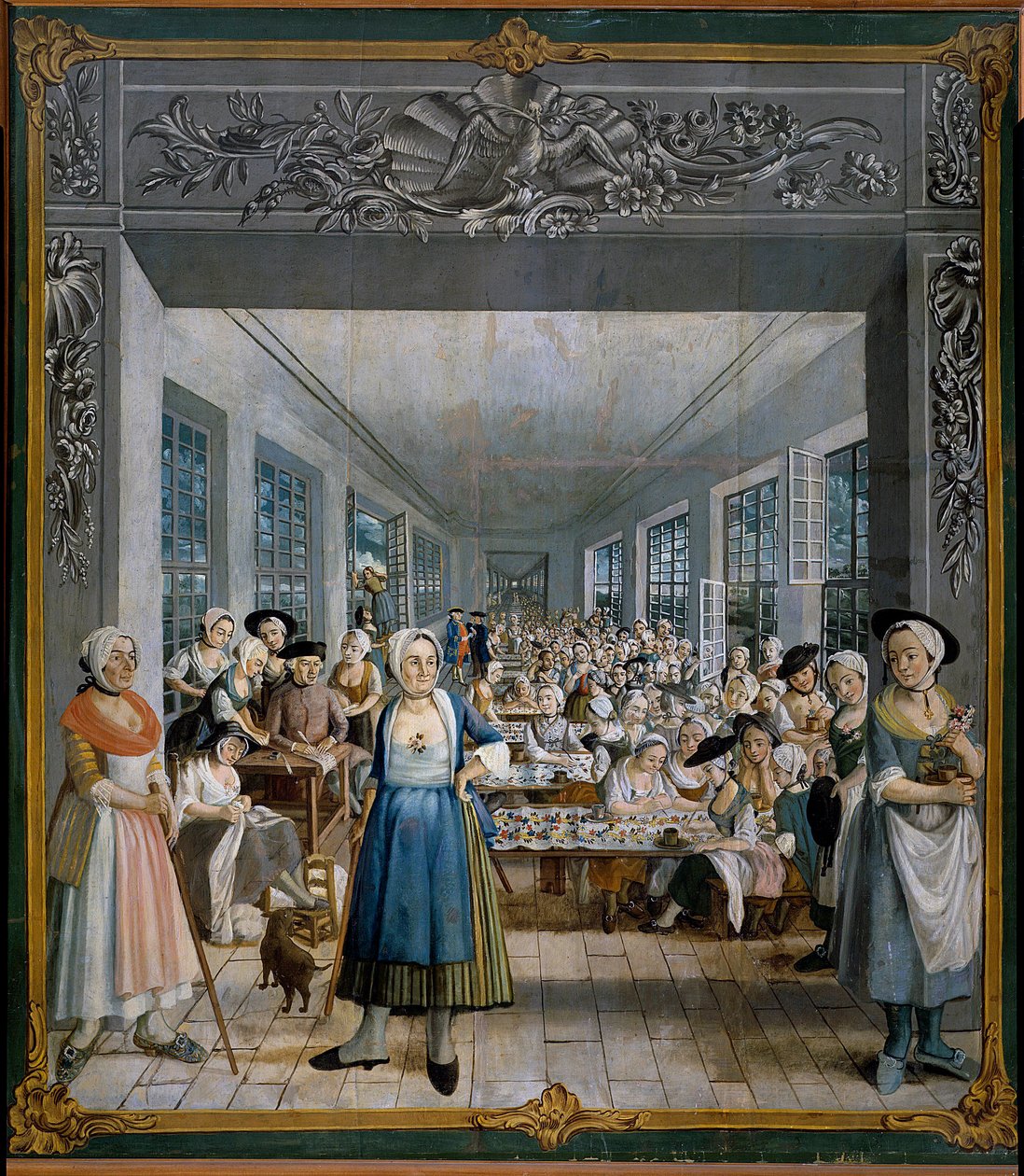 Wetter Brothers Indian Fabric Factory: Arbetarverkstadsmålning av Joseph Gabriel Rossetti (1700-talet). 1764 Orange, Musee Municipal - Tillverkning av indiskt tyg från Wetters bröder: den kvinnliga arbetarens verkstad. Målning av Joseph Gabriel Ross av William Crawford