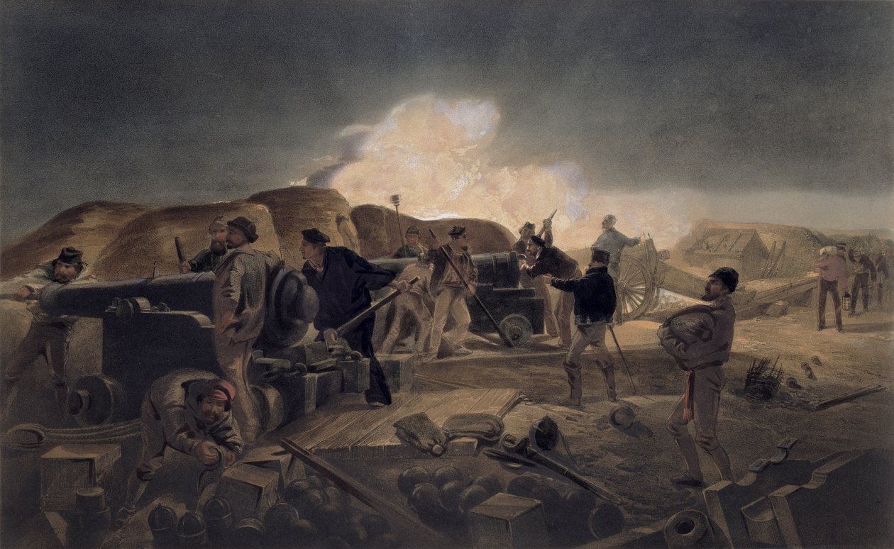 A Hot Night in the Batteries, tallrik från "The Seat of War in the East", pub. av Paul und Dominic Colnaghi und Co., 1856 av William Crimea Simpson
