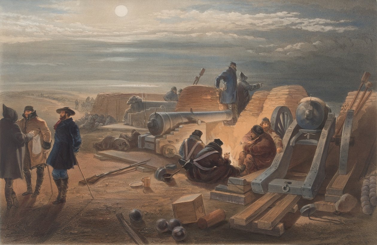 ?En lugn natt i batterierna. En skiss i Greenhill-batteriet av William Crimea Simpson