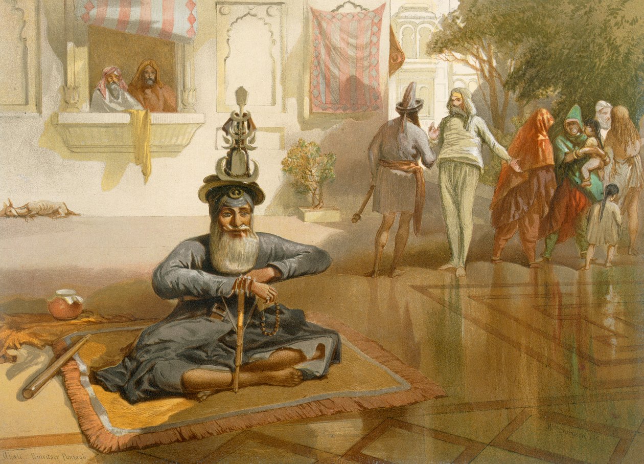 Akali vid den heliga tanken, Amritsar, från "India Ancient and Modern", 1867 av William Crimea Simpson