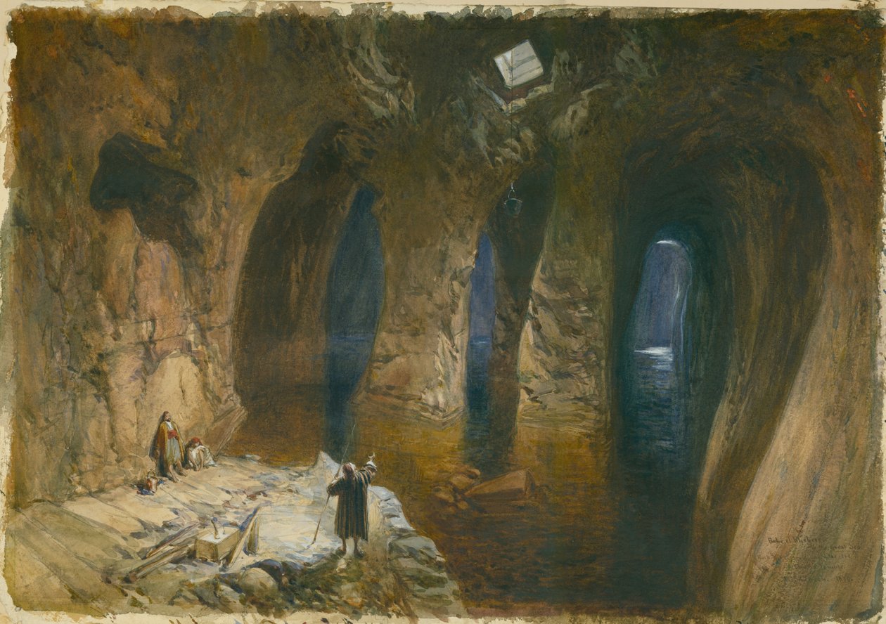 Bahr el Khabeer eller Stora havets klippcistern under platsen för Salomos tempel, 1870 (wc och penna på papper) av William Crimea Simpson