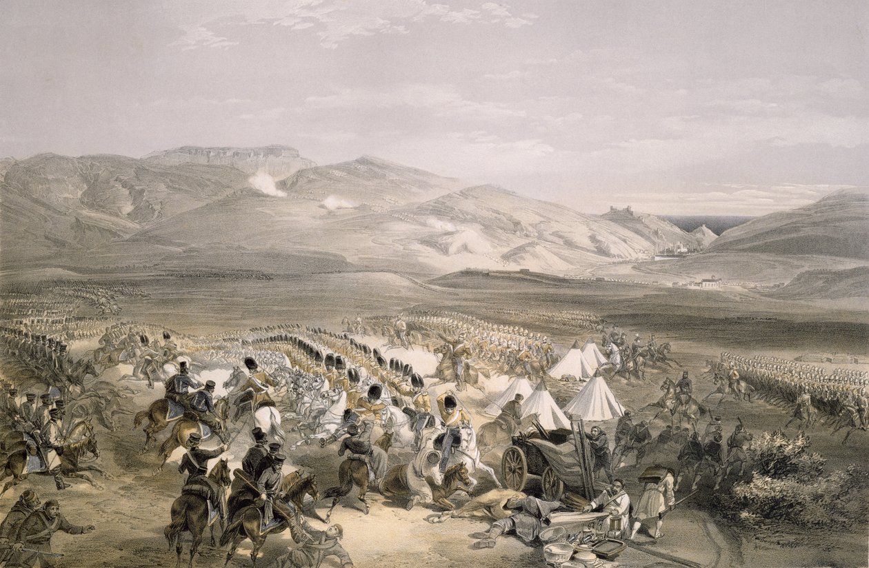 Ansvar för den tunga kavalleribrigaden vid slaget vid Balaclava den 25 oktober 1854, graverad av E. Walker, pub. 1855 av William Crimea Simpson