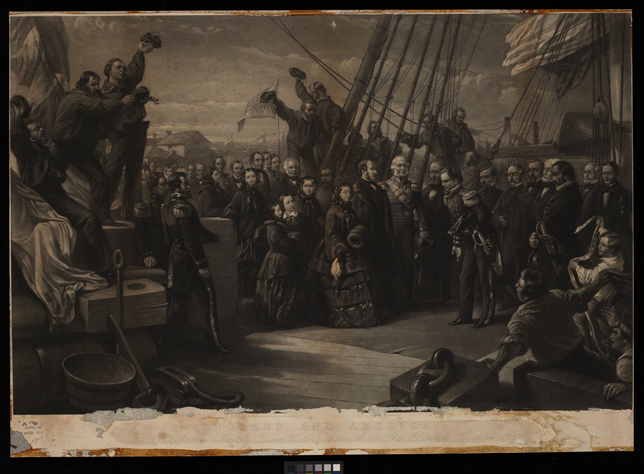 England och Amerika. Hennes Majestät Drottning Victorias besök på polarskeppet Resolute 16 december 1856, ca 1859 (gravyr, stipple, kartong) av William 