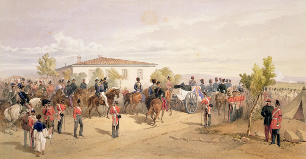 Begravning Cortege av Lord Raglan som lämnar huvudkvarteret, tallrik från "The Seat of War in the East", pub. av Paul und Dominic Colnaghi und Co., 1856 av William Crimea Simpson