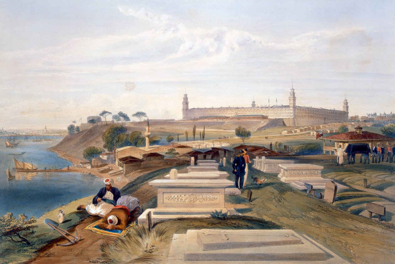 Sjukhus och kyrkogård i Scutari, platta från "The Seat of War in the East", utgiven av Paul und Dominic Colnaghi und Co. 1856. av William Crimea Simpson
