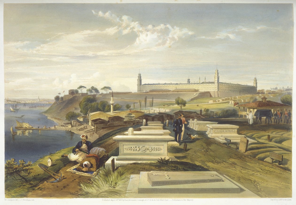 Sjukhus och kyrkogård, Scutari, tallrik från "The Seat of War in the East", pub. av Paul und Dominic Colnaghi und Co., 1856 av William Crimea Simpson
