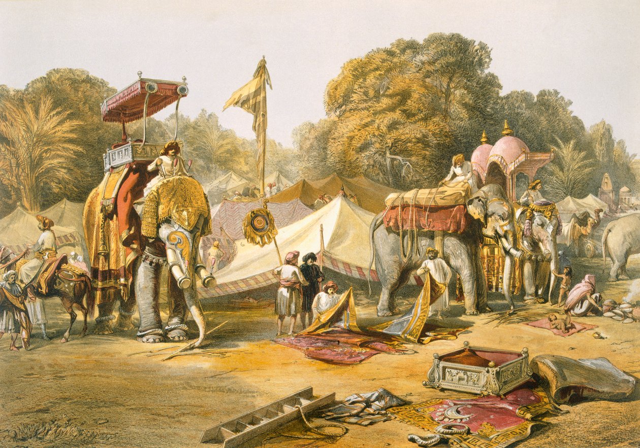 Pheel Khana, eller elefanternas kvarter, Holcars Camp, från "India Ancient and Modern", 1867. av William Crimea Simpson