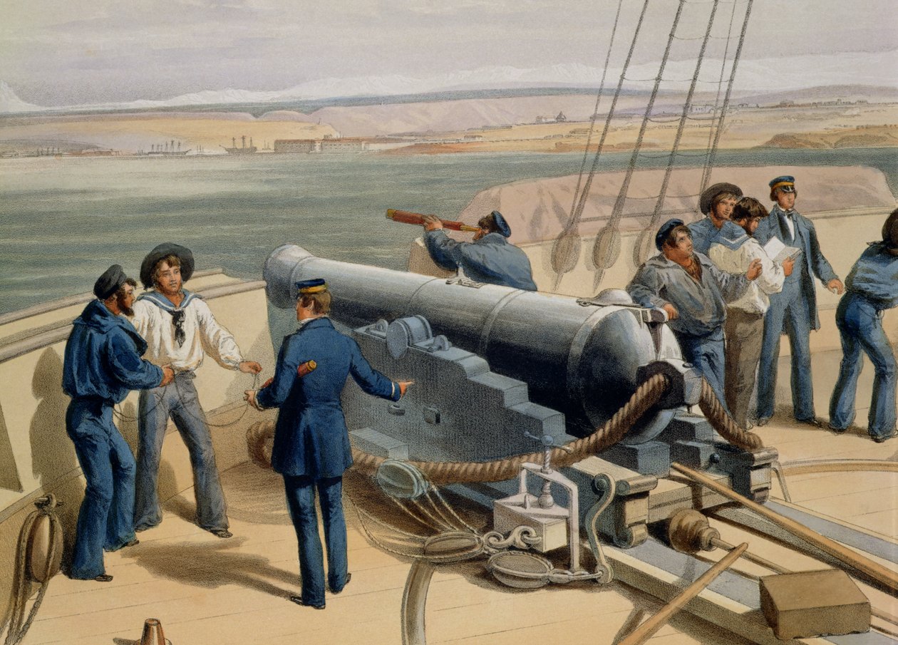 Sebastopol från havet, tallrik från The Seat of War in the East, publicerad av Colnaghi and Co., 1856 färglitho detalj av 142010 av William Crimea Simpson