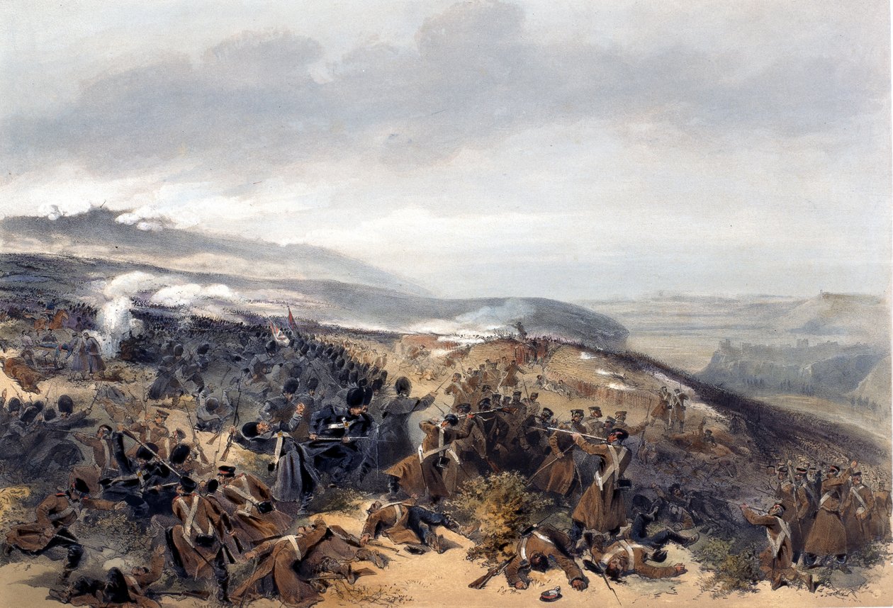 Second Charge of the Guards när de återtog Two Gun Battery vid slaget vid Inkerman, graverad av Edmond Morin (1824-82) från The Seat of War in the East - First Series, publicerad av Colnaghi und av William Crimea Simpson