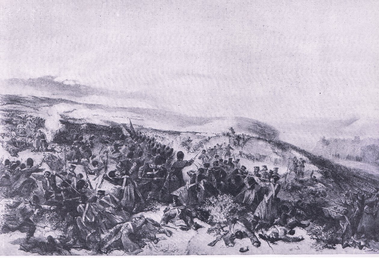 Andra laddningen av vakterna, när de återtog de två kanonbatterierna vid slaget vid Inkerman, illustration från brittiska striderna på land och hav, 1915 av William Crimea Simpson