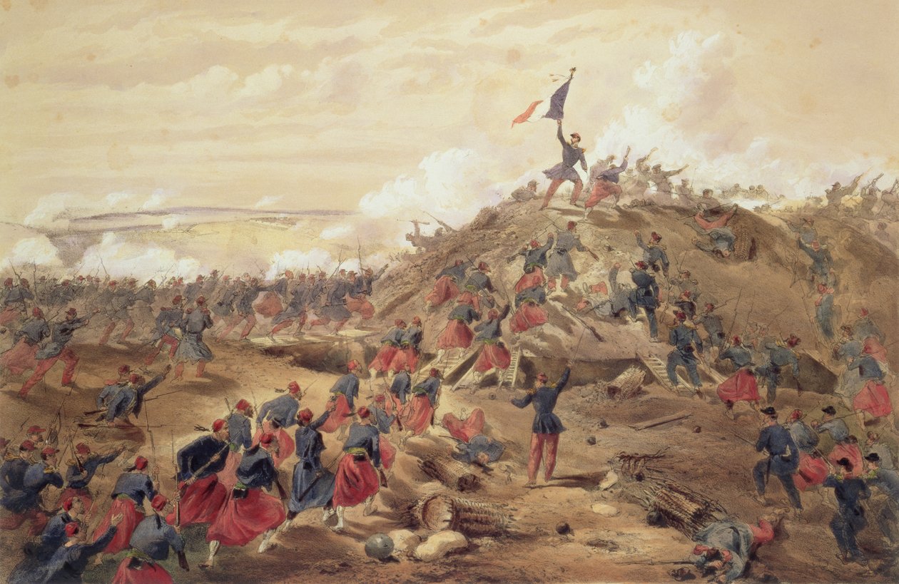 The Attack on the Malakoff, tallrik från "The Seat of War in the East", pub. av Paul und Dominic Colnaghi und Co., 1856 av William Crimea Simpson