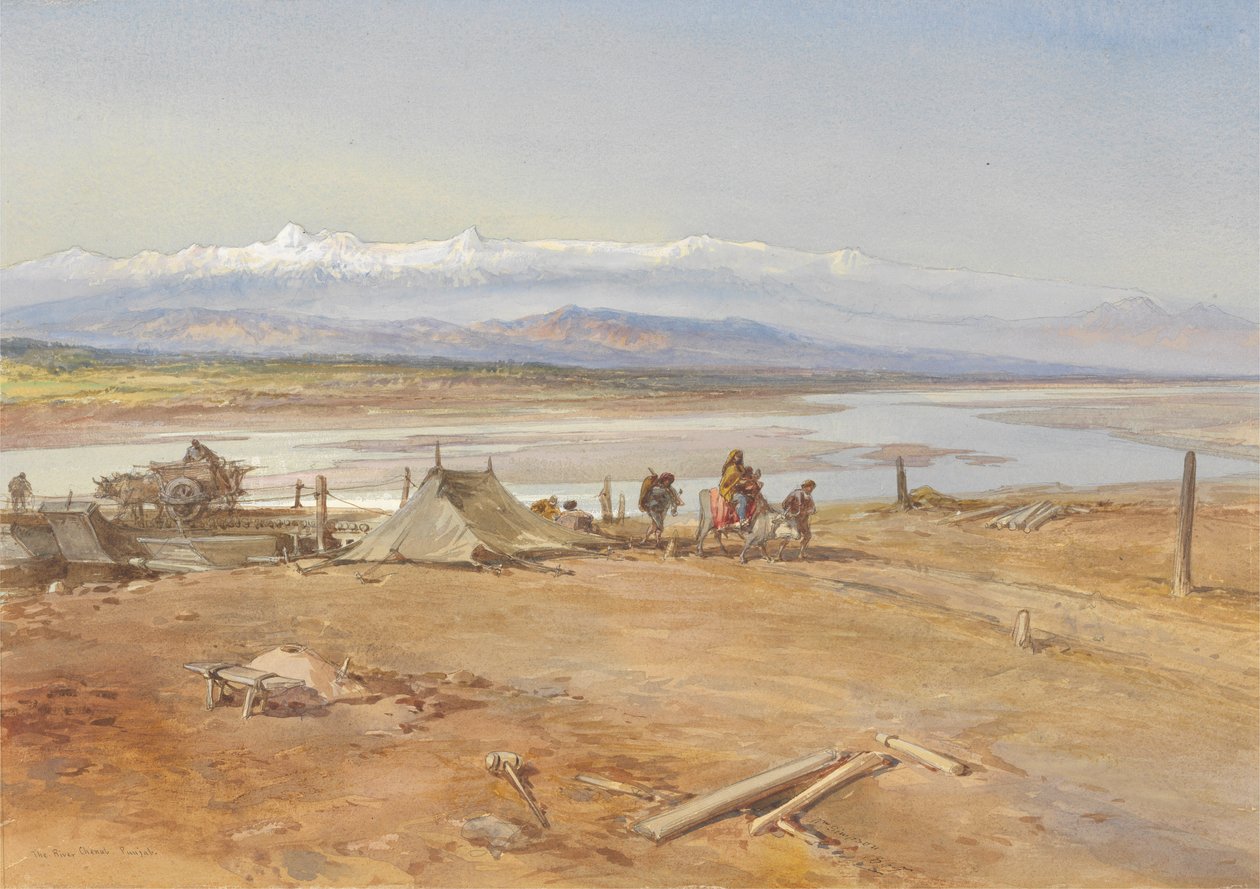 The River Chenab, Punjab, 1865 (wc & gouache på papper) av William Crimea Simpson