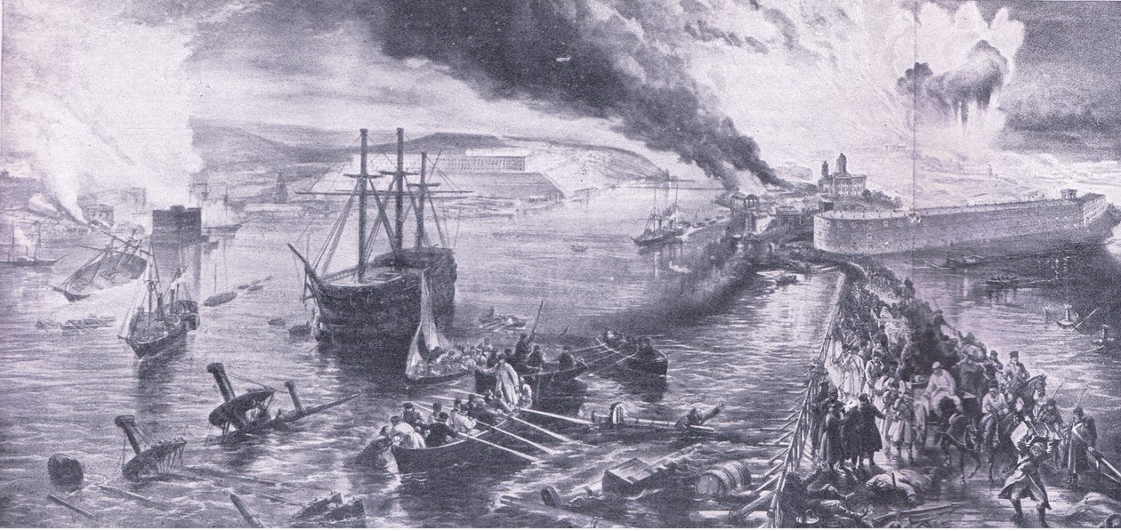 Sevastopols fall och ryssarnas reträtt, 8 september 1855, illustration från brittiska striderna på land och hav, 1915 av William Crimea Simpson