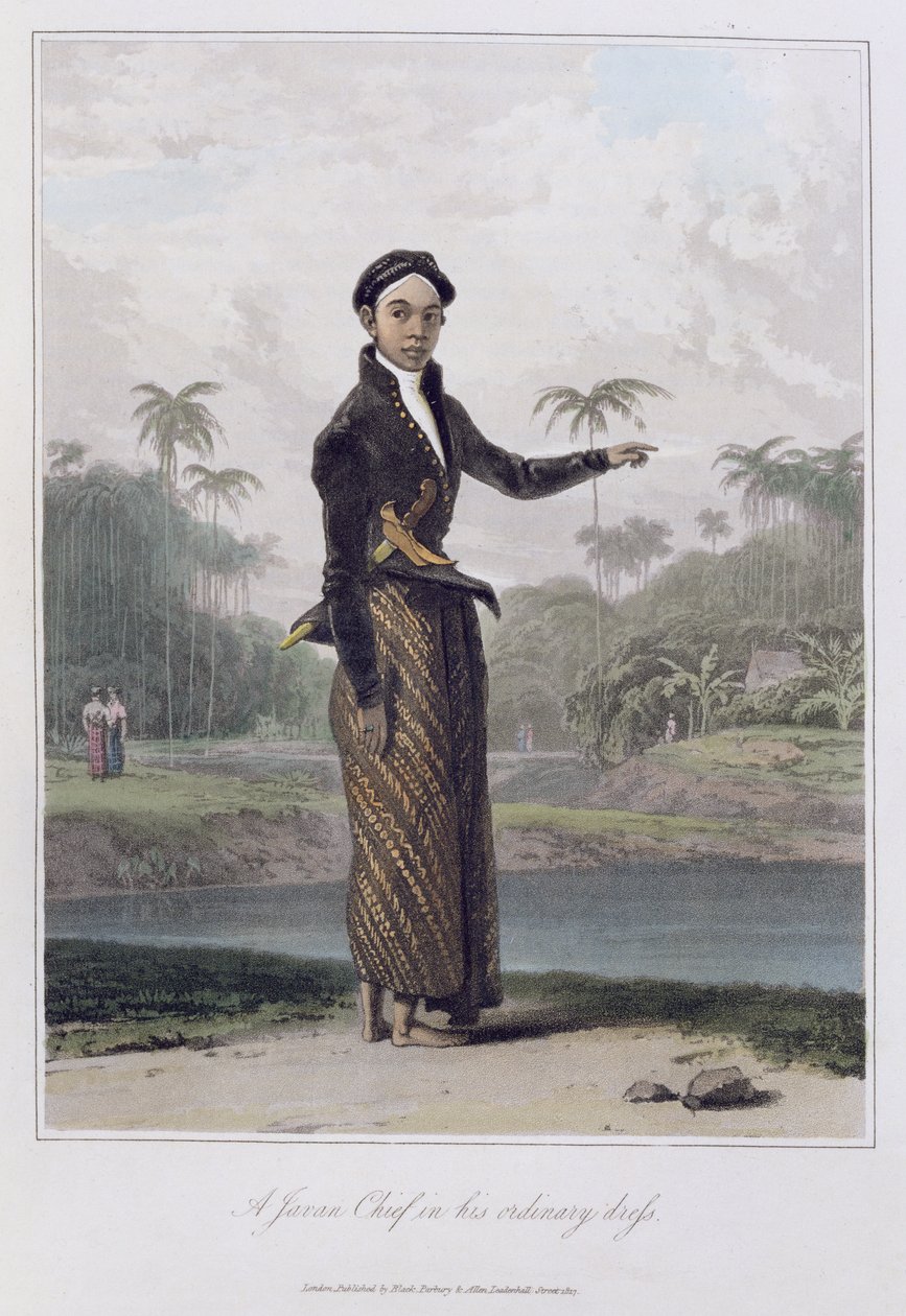 En Javanhövding i sin vanliga klädsel, pl. 4 från Vol I av "The History of Java" av Thomas Stamford Bingley Raffles (1781-1826) pub. 1817 (färgad akvatint) av William Daniell