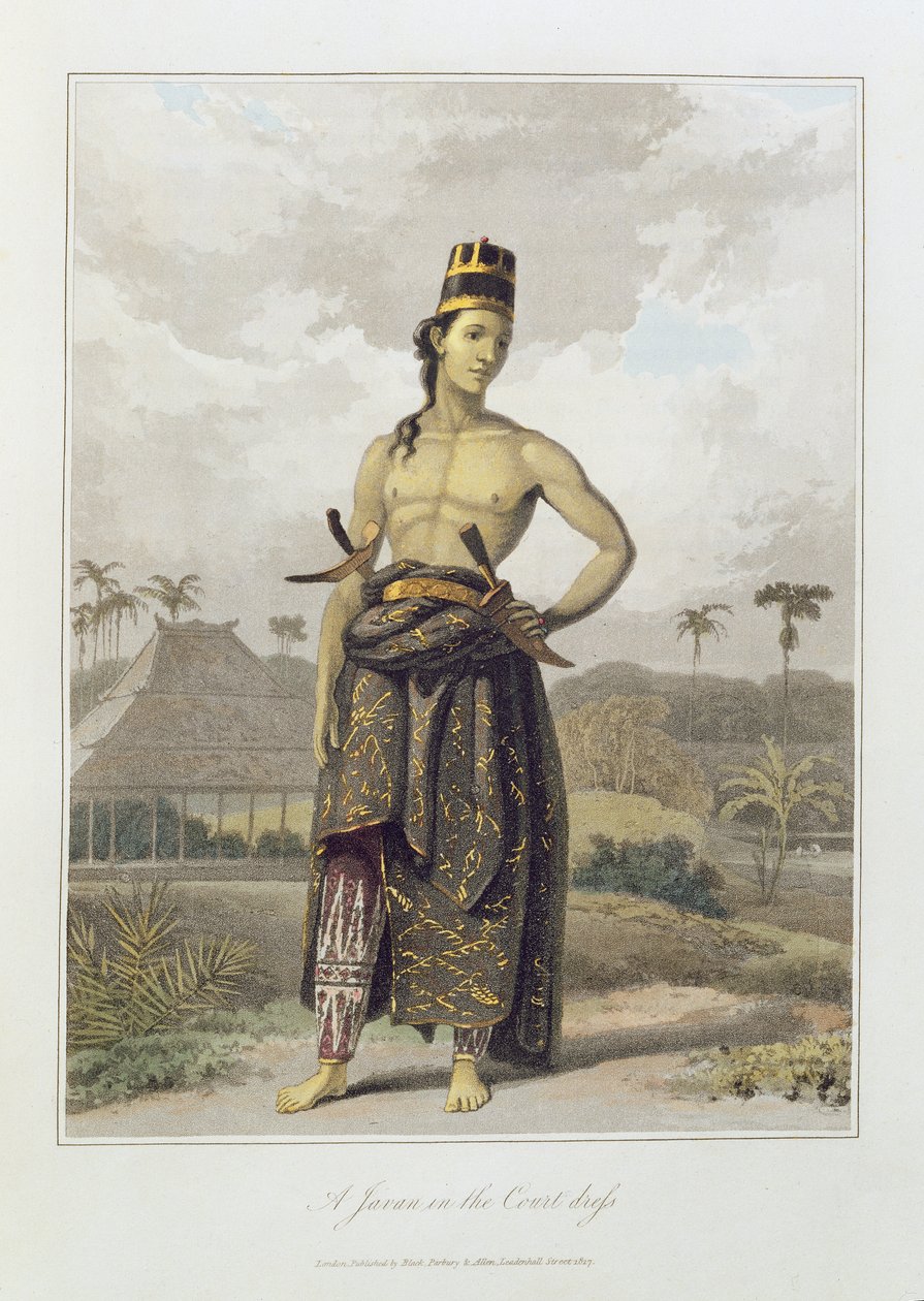 En javan i hovklänning, pl. 6 från Vol I av "The History of Java" av Thomas Stamford Bingley Raffles (1781-1826) pub. 1817 (färgad akvatint) av William Daniell