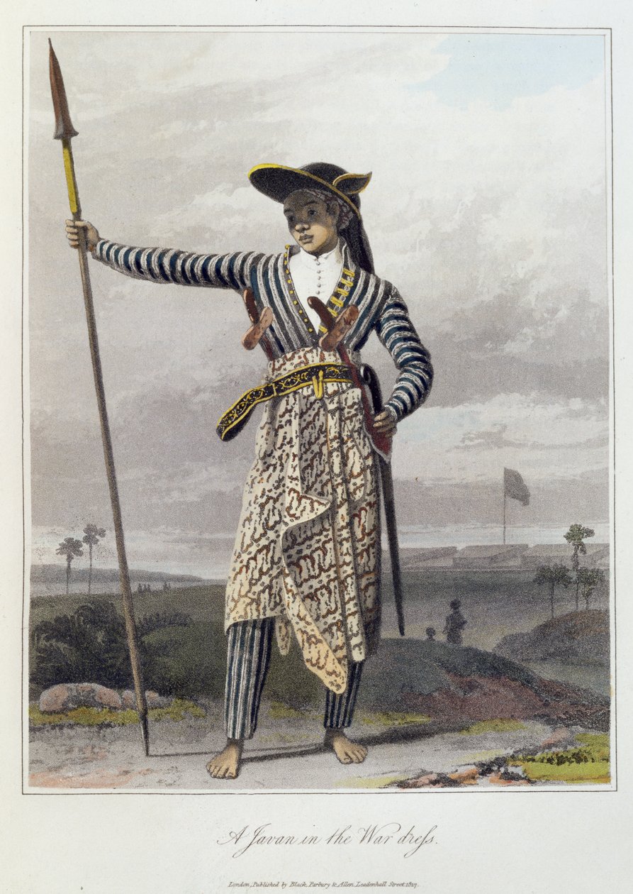 En Javan i krigsklänningen, pl. 5 från Vol I av "The History of Java" av Thomas Stamford Raffles (1781-1826) pub. 1817 (färgad akvatint) av William Daniell