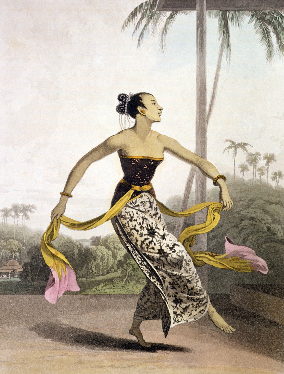 En Ronggeng eller dansande flicka, tavla 21 från Vol. I av "The History of Java" av Thomas Stamford Raffles (1781-1826), pub. 1817 (akvatint) av William Daniell