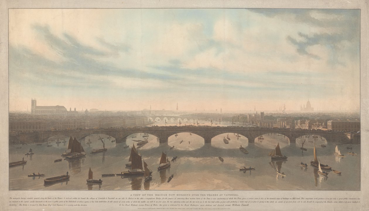 Vy över bron som byggs över Themsen vid Vauxhall av William Daniell