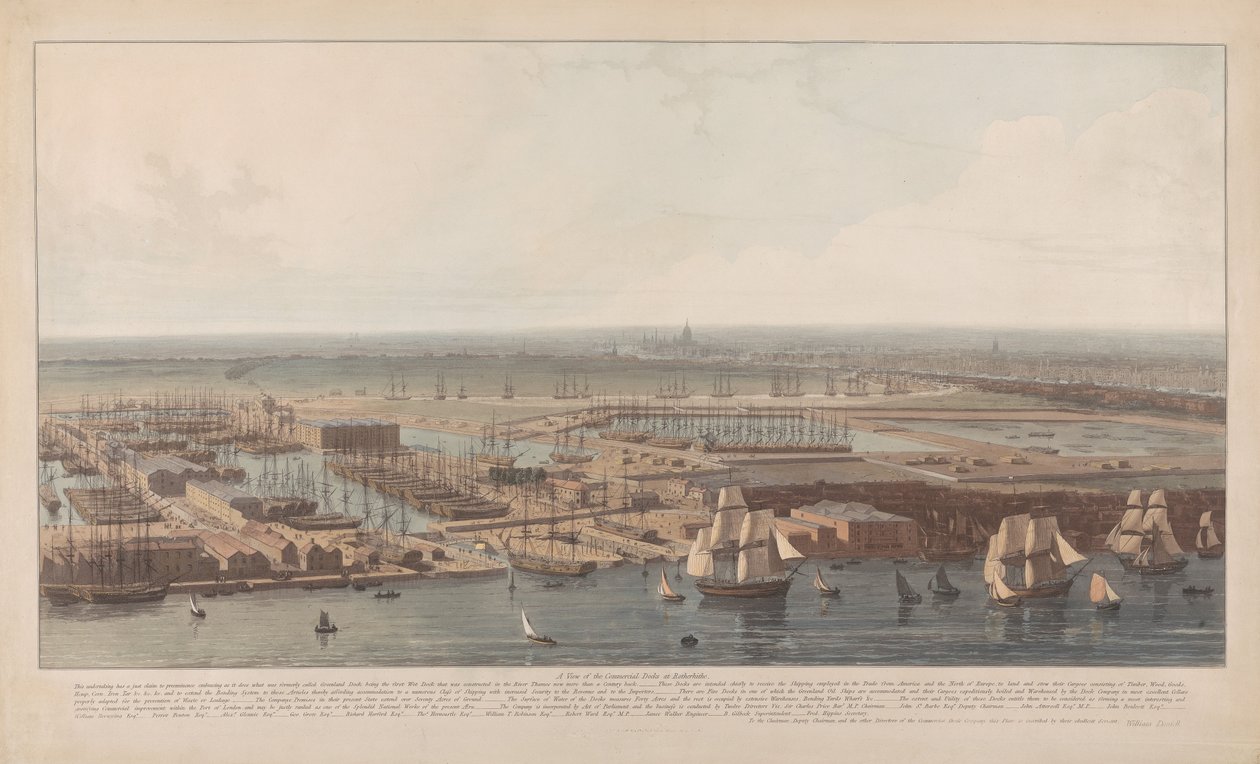 En vy över handelshamnen i Rotherhithe av William Daniell