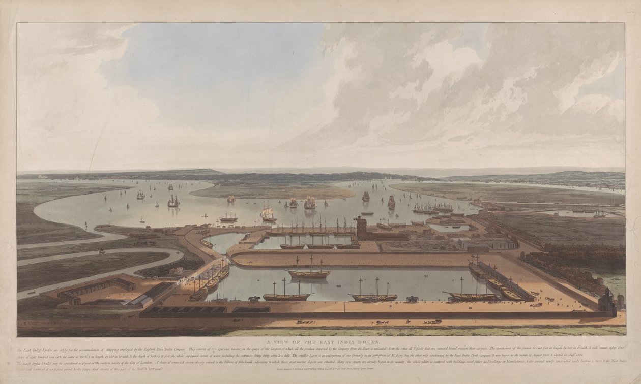 En vy över East India Docks av William Daniell