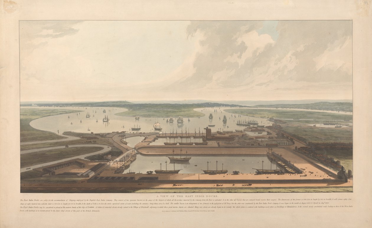 Utsikt över Ostindiska kompaniets dockor av William Daniell