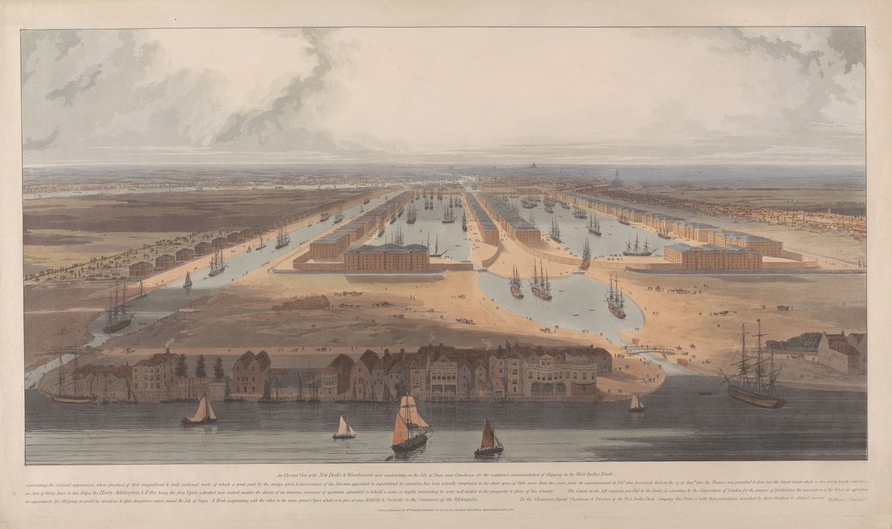 En vy över West India Docks av William Daniell