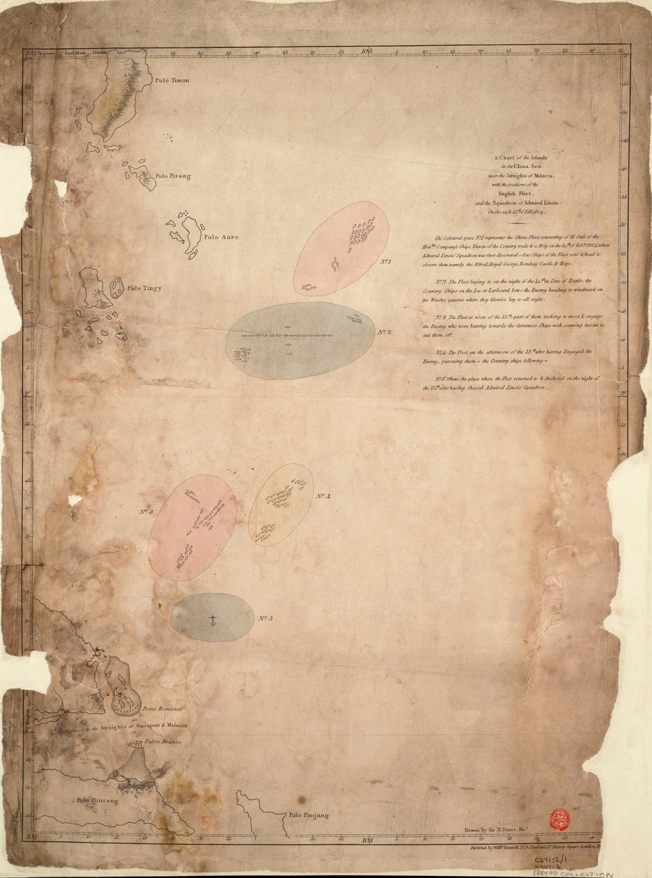 "En karta över öarna i Kinesiska sjön nära Malackasundet med den engelska flottans och amiral Linois eskaderpositioner den 14 och 15 februari 1804 av William Daniell