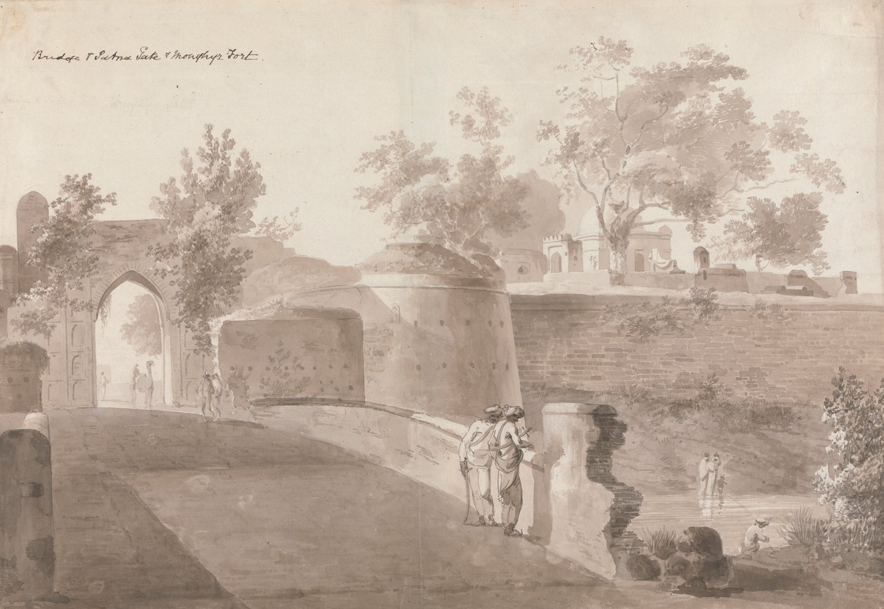 Bridge och Patna Gate och Monghyr Fort av William Daniell