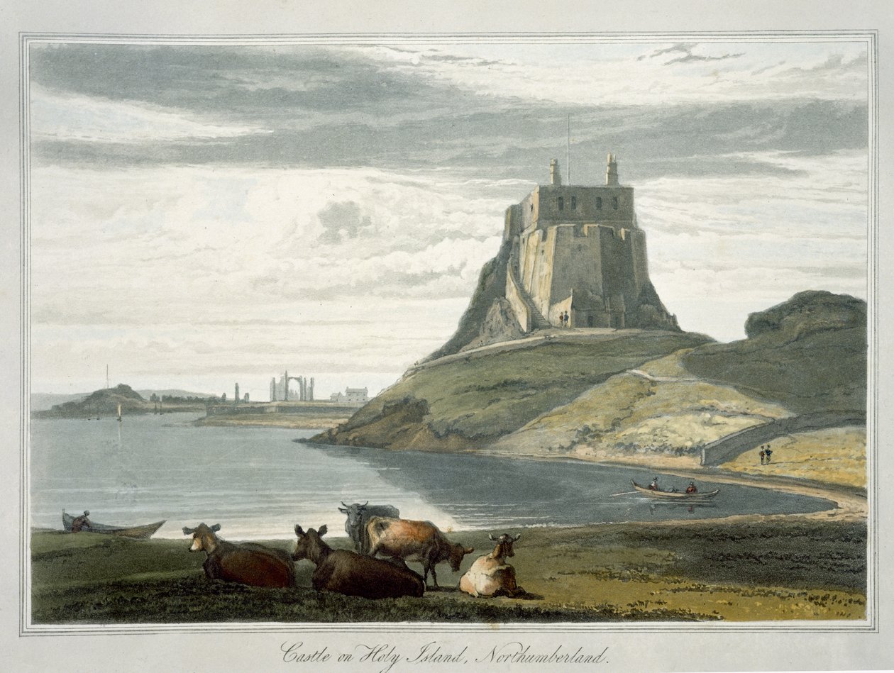 Slottet på Holy Island, Northumberland, från "A Voyage Around Great Britain Undertaken between the Years 1814 and 1825" publicerad 1822 (akvatint) av William Daniell