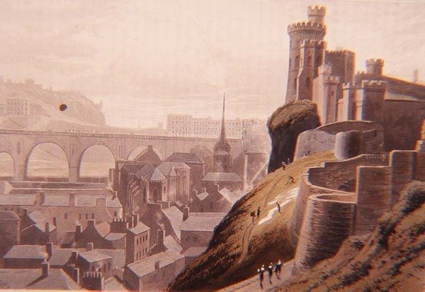 Edinburgh med en del av North Bridge och Castle, från Daniell
