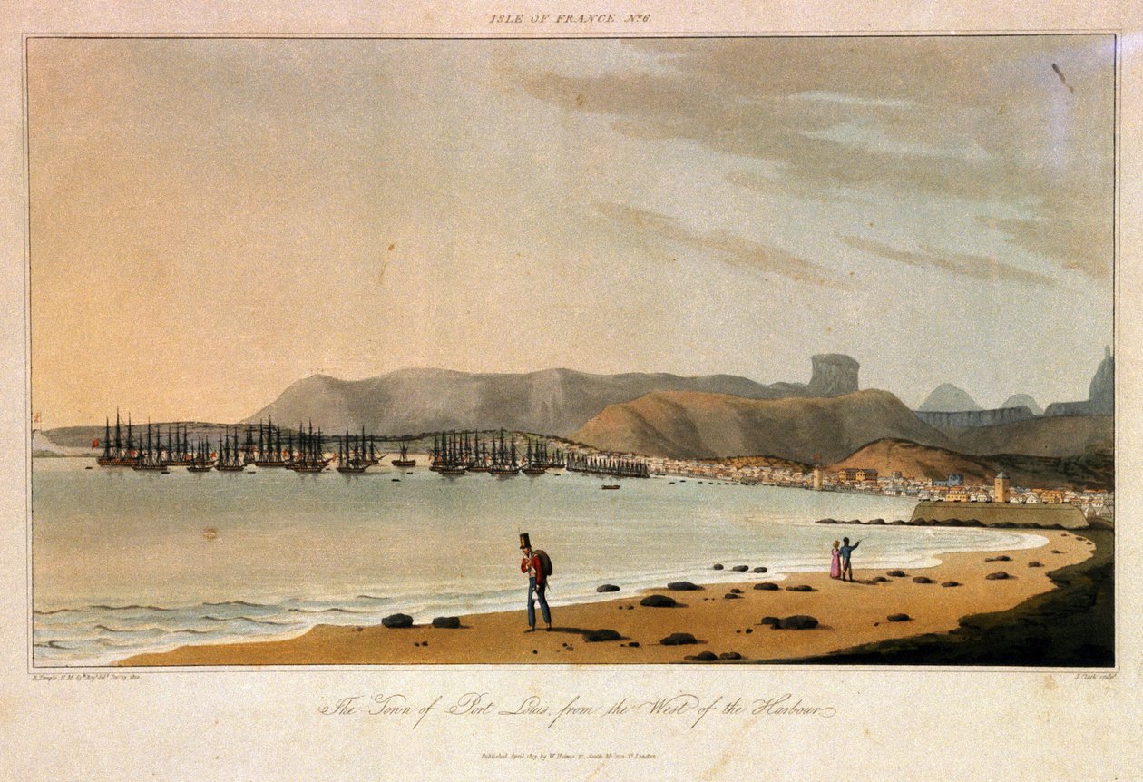 Ile de France (Mauritius), sett från staden Port Louis, från väster om hamnen. Etsning i färger av William Daniell