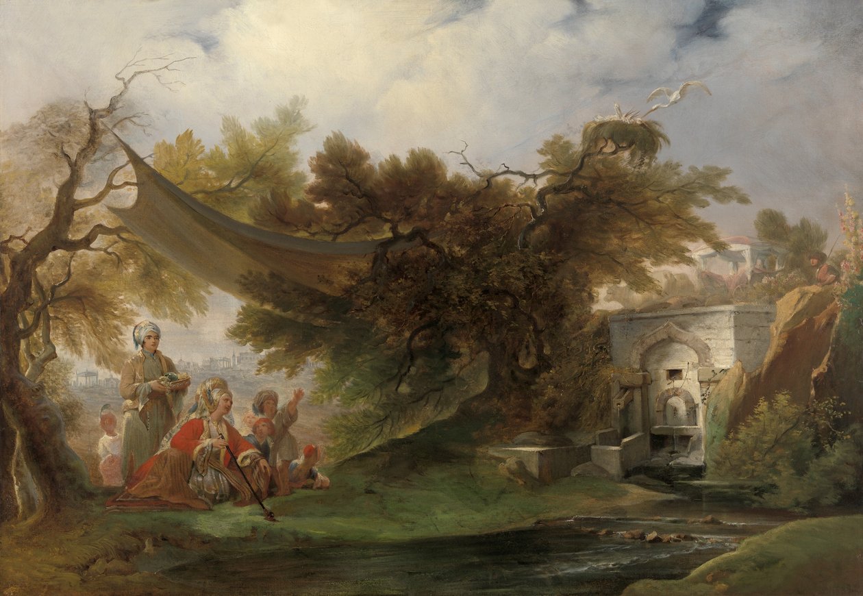 Indiskt landskap med figurer nära en bäck (olja på duk) av William Daniell