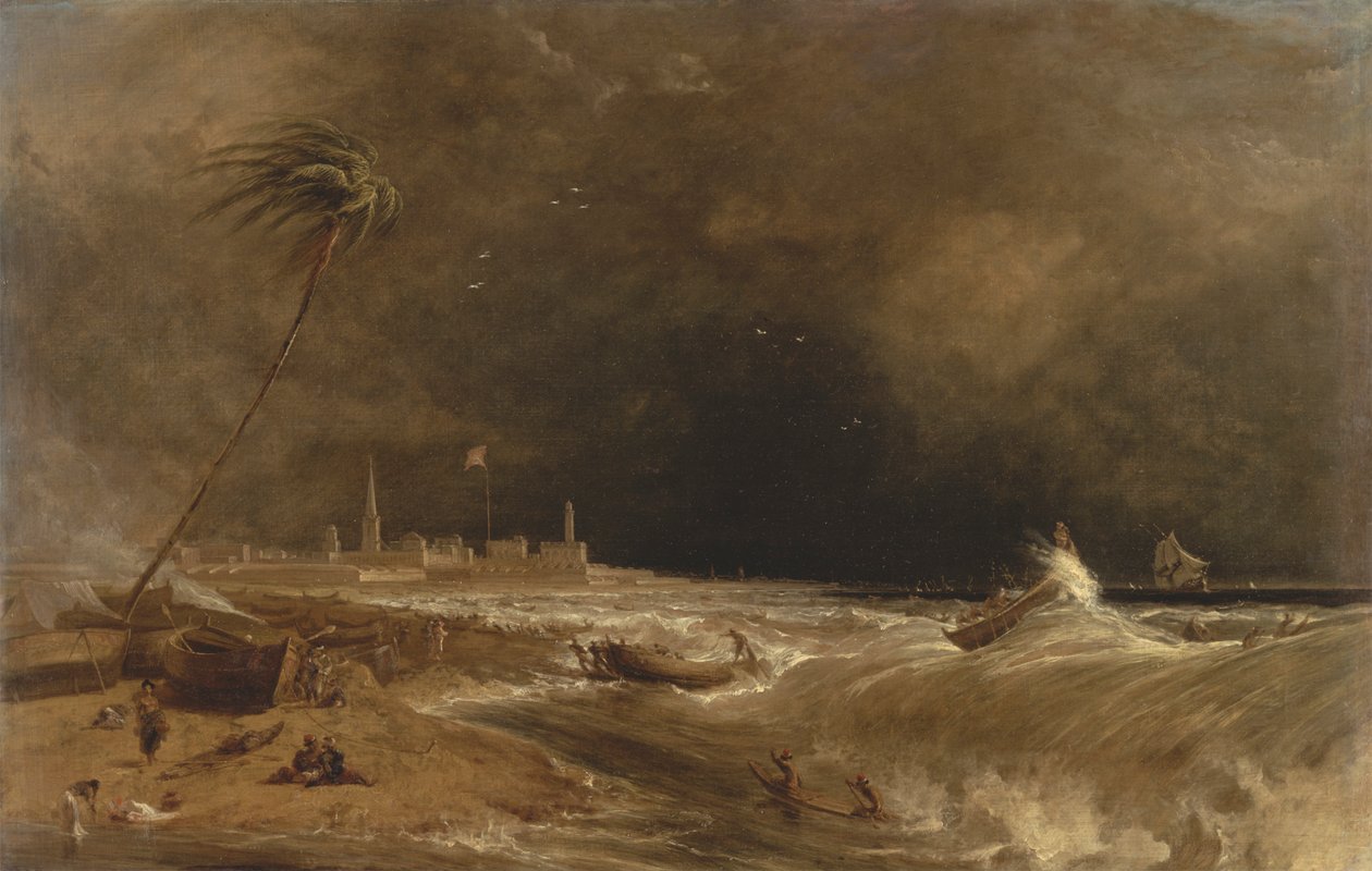 Madras, eller Fort St. George, i Bengaliska viken -- A Squall Passing Off [1833, Royal Academy of Arts, London, utställningskatalog] av William Daniell