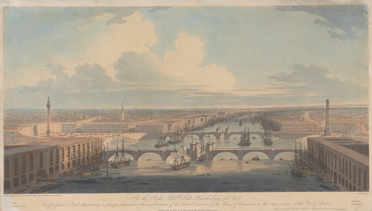 Perspektivskiss som illustrerar ett förslag till förbättring av Londons hamn av William Daniell