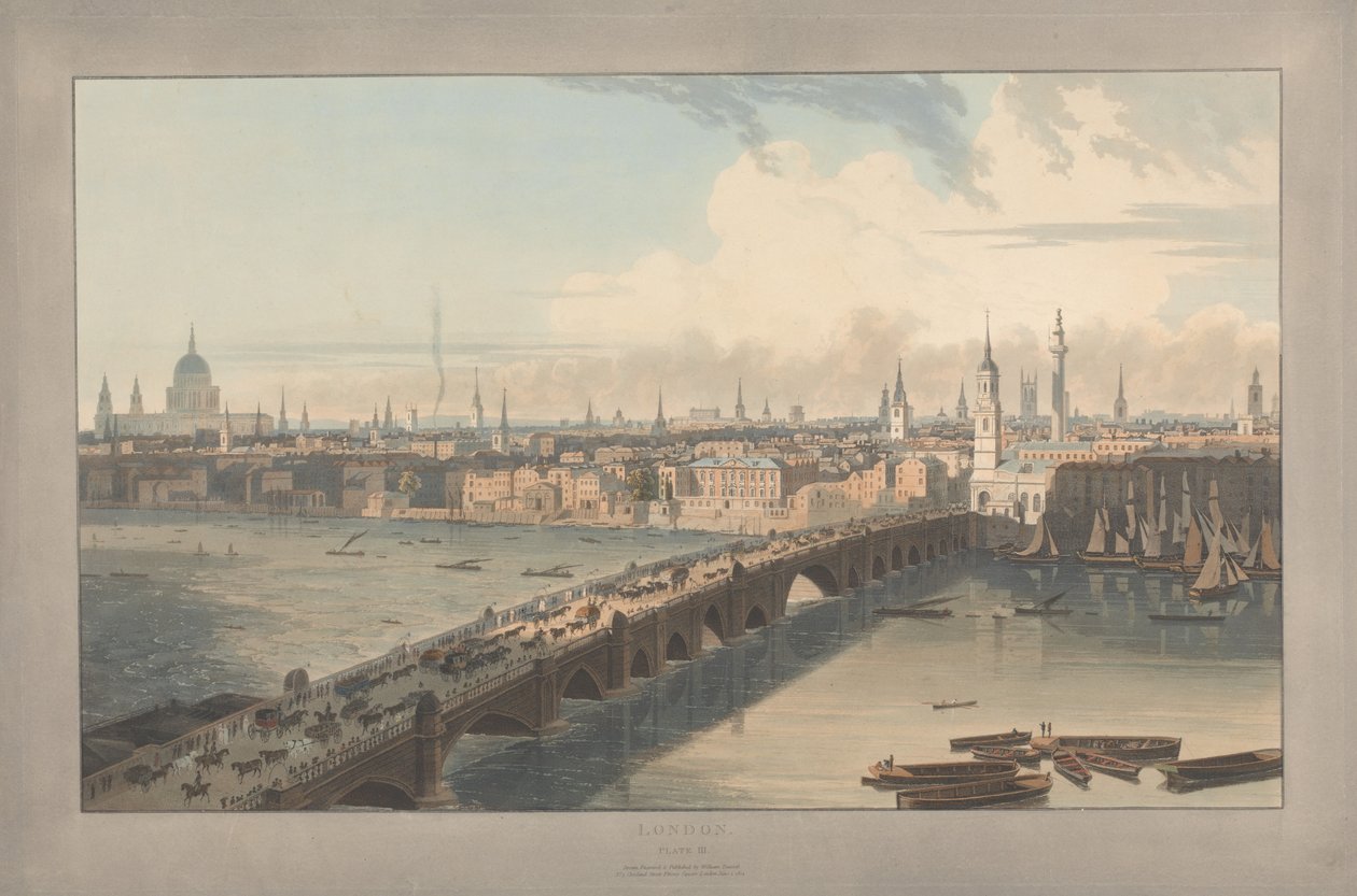 Plansch III: London, London Bridge (ur William Daniells ”Six Views of London”; från Themsens sida) av William Daniell