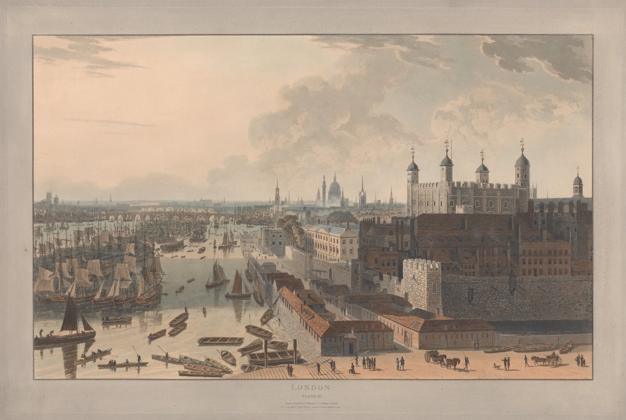 Bild II: London, Poolen och Tower (ur William Daniells ”Six Views of London”; från Themsens sida) av William Daniell