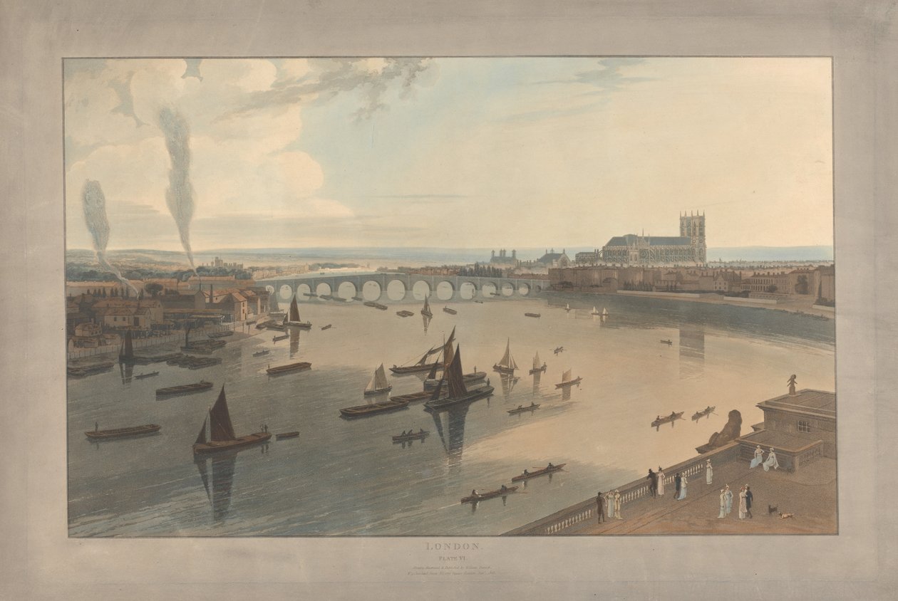 Plansch VI: London, Westminster Bridge och klostret av William Daniell
