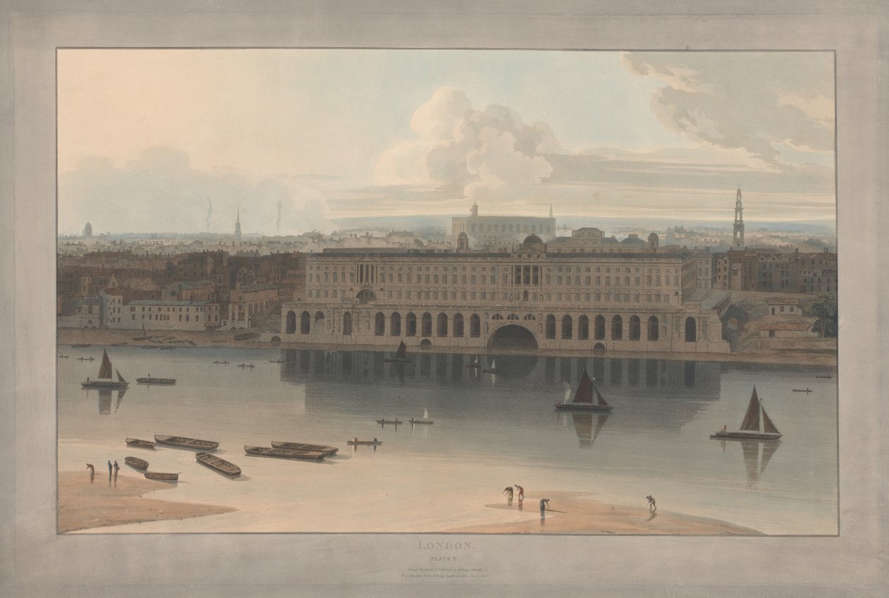 Bild V: London, Somerset House (ur William Daniells ”Six Views of London”; från Themsens strand) av William Daniell