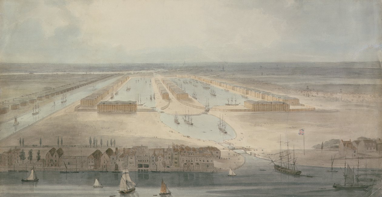 The New Docks, Isle of Dogs (blyerts, bläck och lavering på papper) av William Daniell