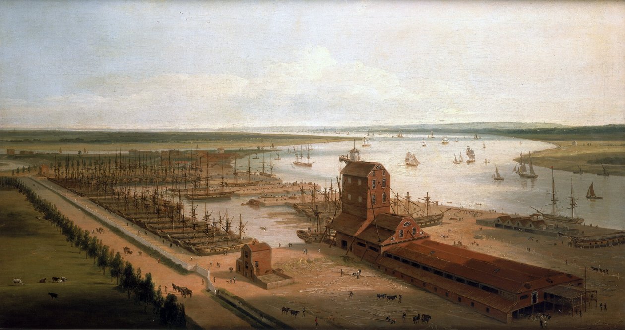 Perry-varven (då Green) vid Brunswick Docks och Blackwall Building, en mastfabrik, längs Themsen (England) av William Daniell