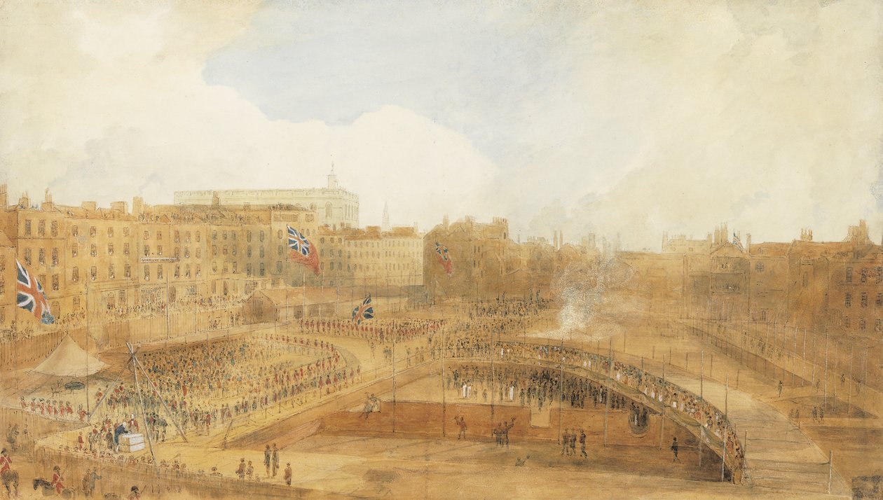 Prinsen av Wales lägger grundstenen till Theatre Royal, Covent Garden, 31 december 1808 (penna, penna & brunt bläck & akvarell förhöjda med inslag av kroppsfärg & med att skrapa ut) av William Daniell