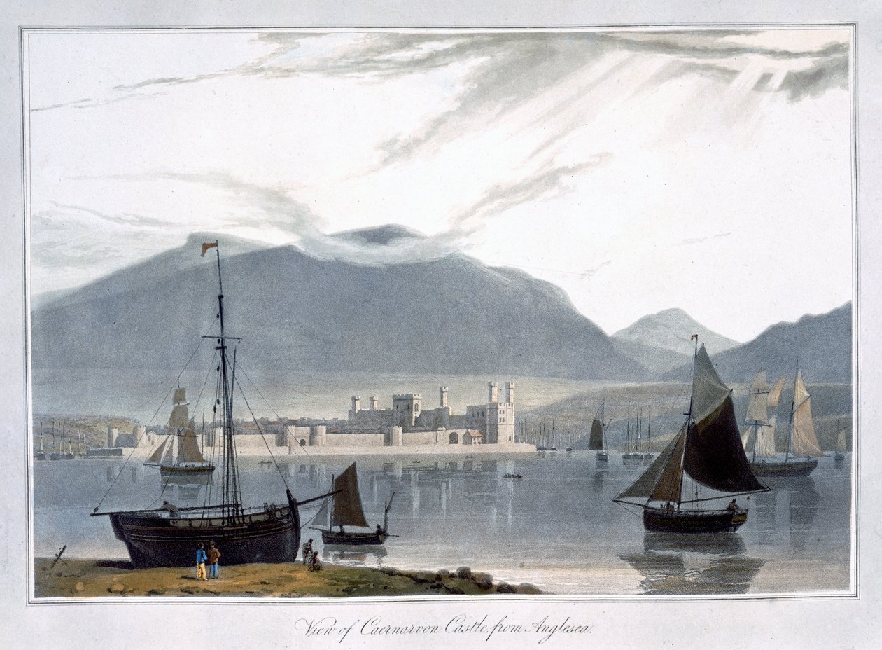 "Utsikt över Caernarvon Castle från Anglesea", Wales, 1814 av William Daniell