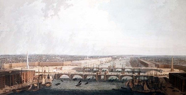 Utsikt över London med förbättringarna av dess hamn och den dubbla London Bridge. Inlämnad till underhusets valda kommitté av William Daniel (akvatint) av William Daniell