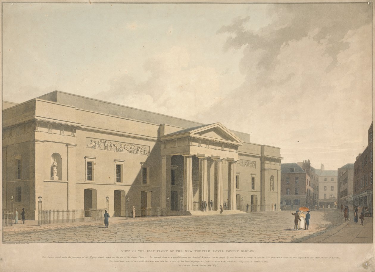 Vy över östfasaden på det nya Theatre Royal Covent Garden av William Daniell