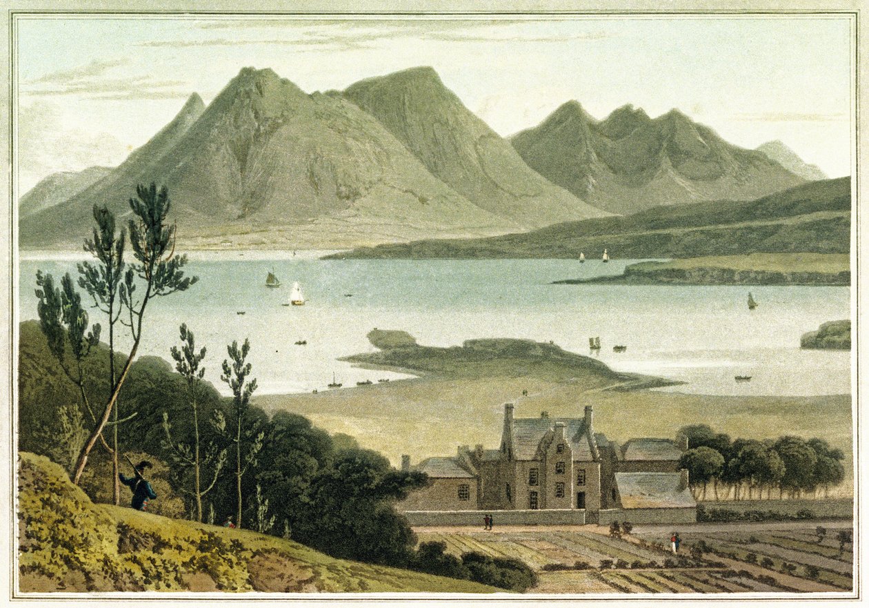 Västlig vy från Raasay Island (Skottland), med beskrivning av en stor byggnad och dess angränsande trädgårdar. Etsning i färg av William Daniell (1769-1837) av William Daniell