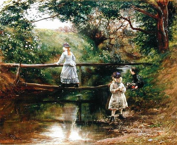 På Tyne nära Ormiston - Barn som samlar vilda blommor (olja på duk) av William Darling McKay