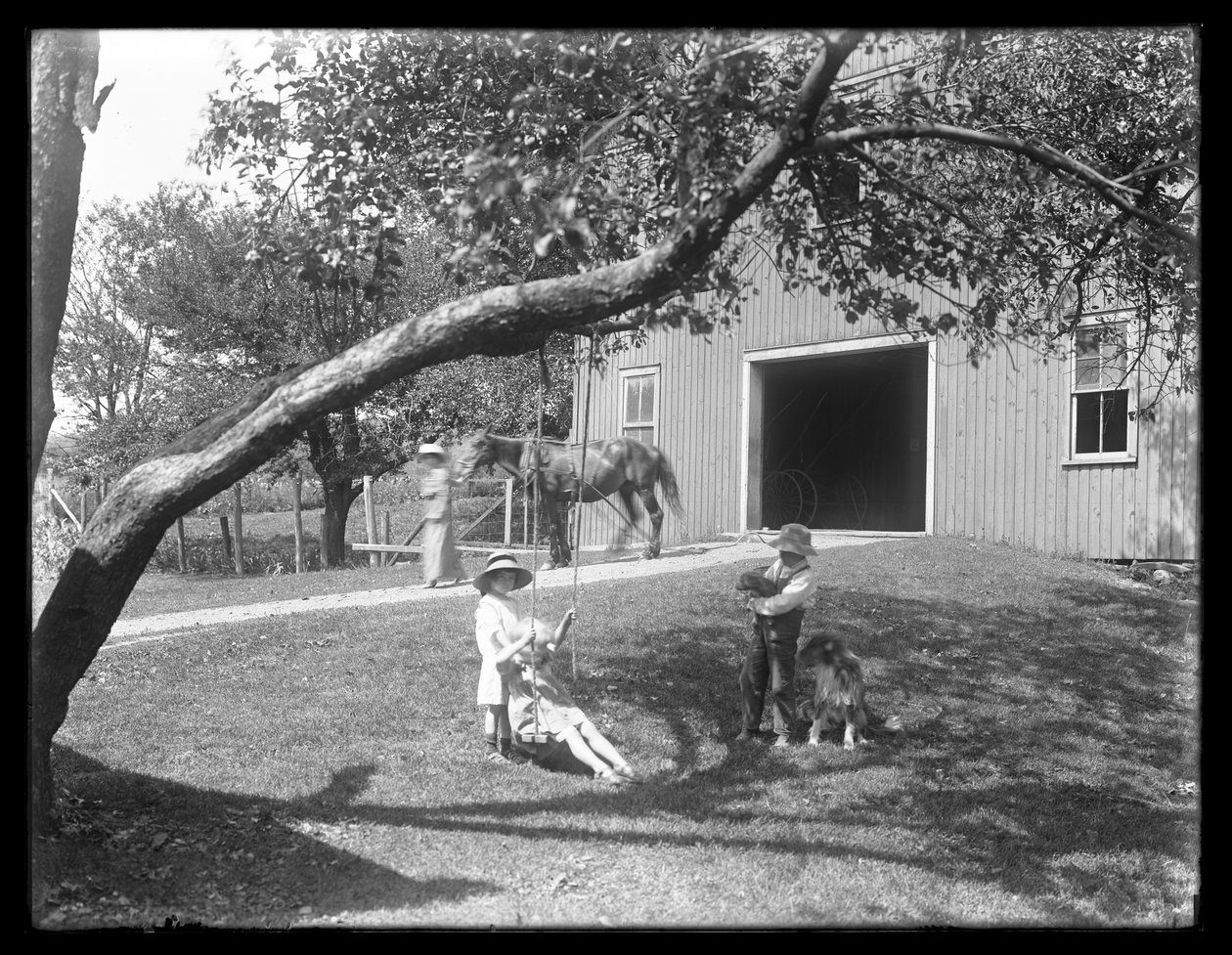 Barn till familjen McCready med hund och valp samlades runt en repgunga utanför en lada, ca 1913 av William Davis Hassler
