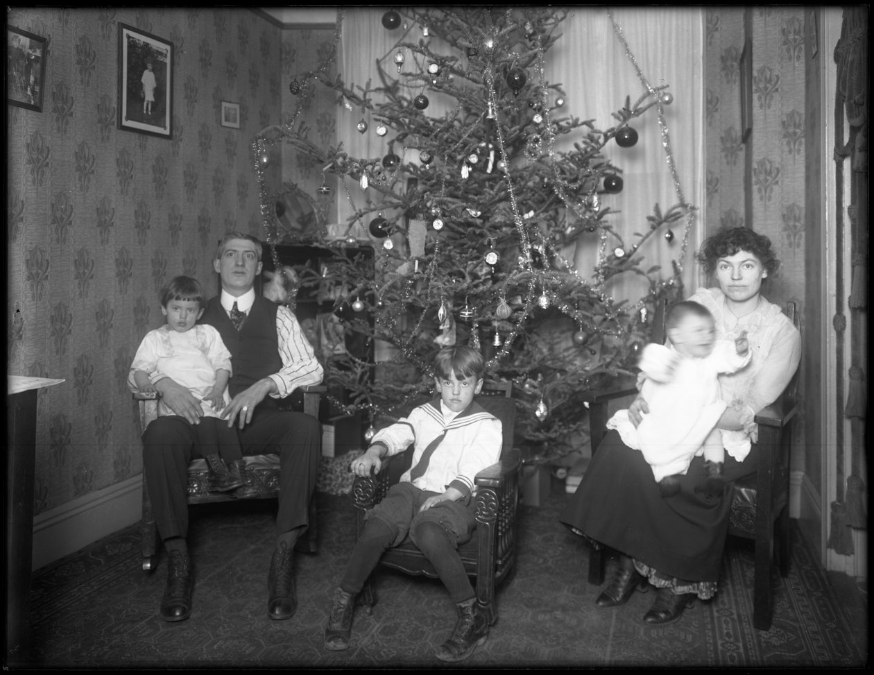 Informellt gruppporträtt av oidentifierad familj i deras lägenhet sittande framför en julgran, New York City, ca 1915-16 av William Davis Hassler